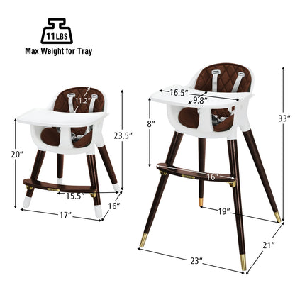 INFANS Baby High Chair, 3 in 1 Convertible Wooden Highchair for Babies & Toddlers, Modern Infant Feeding Chair with 5-Point Safety Harness, Footrest, Adjustable Legs, Removable Tray PU Cushion