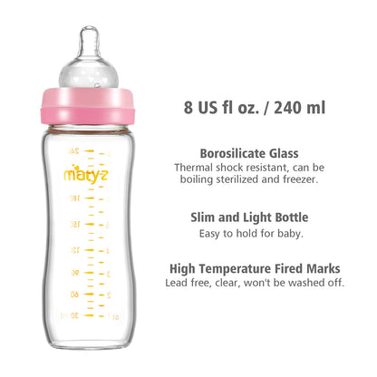 Matyz 8 Ounce Glass Baby Feeding Bottle With Nipple - Light and Slim, Easy to Hold and Clean - Food Grade Borosilicate Glass, Wide Neck for Breastmilk Feeding, No BPA (Pink Lids)