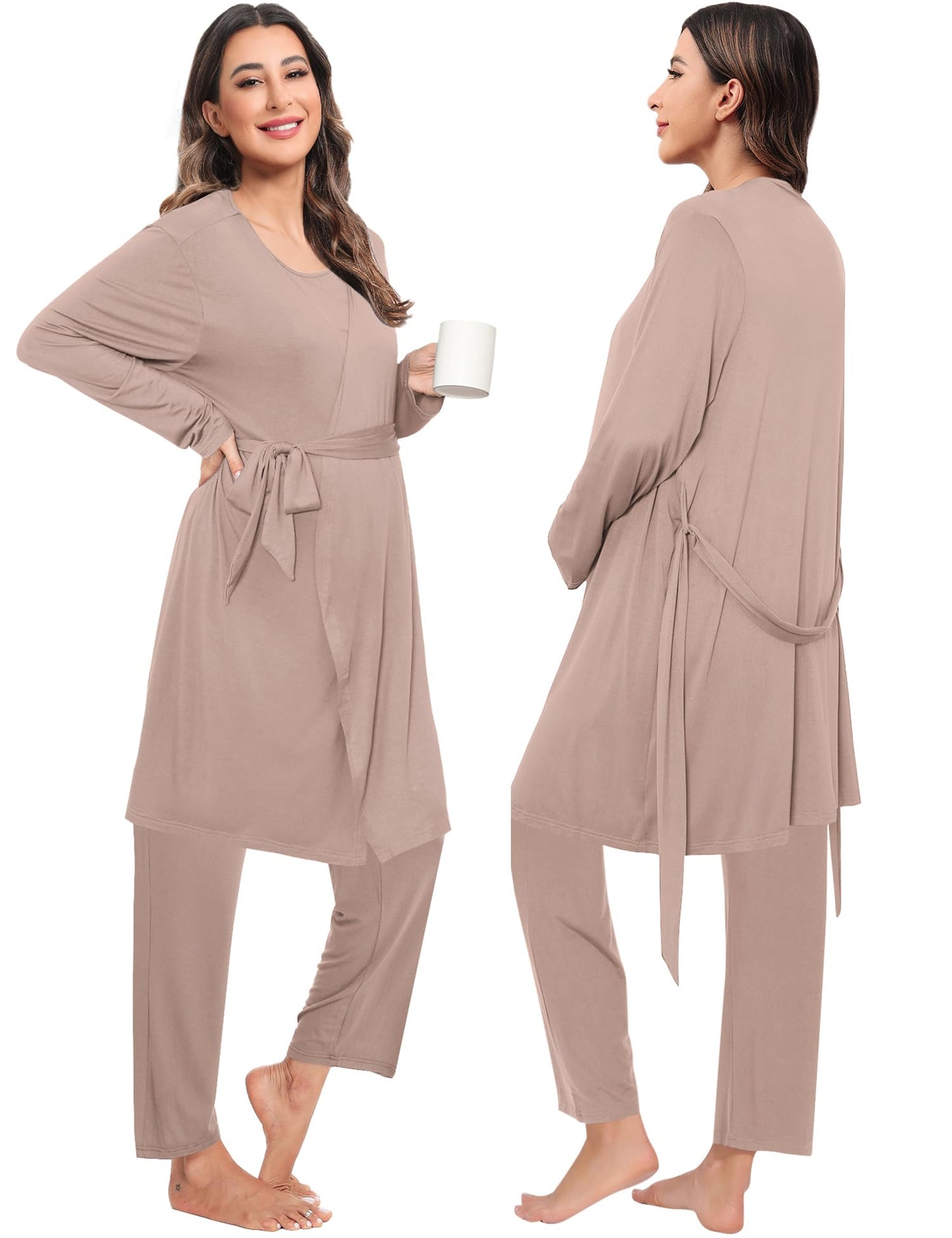 SWOMOG Maternity Nursing Robe Set 3 PCS Postpartum Breastfeeding Pajamas Hospital Pregnancy Pjs Double Layer Lounge Set