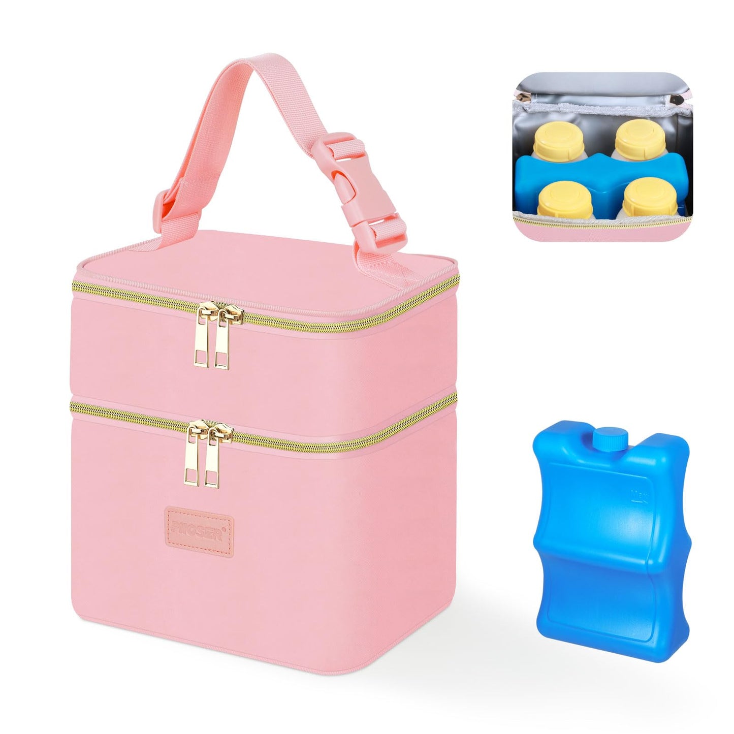 PIIOSER Baby Bottle Tote Bag with Ice Pack, Fits 4 Baby Bottles Up to 9 Ounce, Small Insulated Breastmilk Cooler Travel Bag with Shoulder Strap for Nursing & Working Mom Daycare (Cream-S)