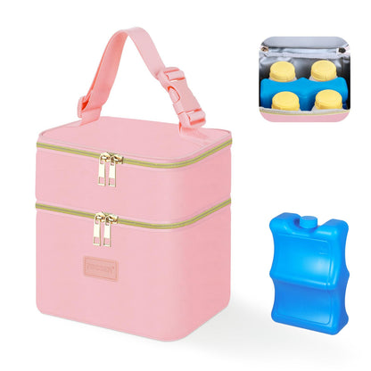 PIIOSER Baby Bottle Tote Bag with Ice Pack, Fits 4 Baby Bottles Up to 9 Ounce, Small Insulated Breastmilk Cooler Travel Bag with Shoulder Strap for Nursing & Working Mom Daycare (Cream-S)