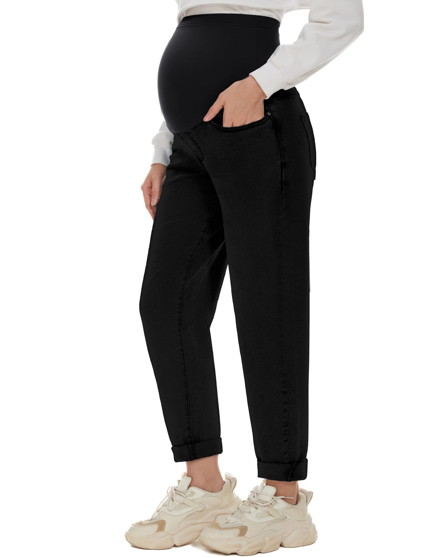 POSHGLAM Women's Maternity Jeans Over Belly Comfy Stretch Boyfriend Jeans Loose Pregnancy Pants, S-XXL