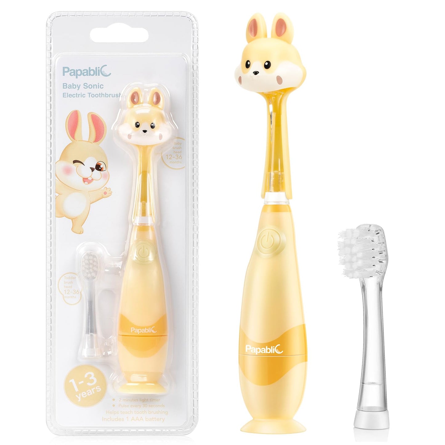 Papablic Toddler Sonic Electric Kids Toothbrush for Ages 1-3 Years, Baby Electric Toothbrush with Cute Penguin Cover and Smart LED Timer, 2 Brush Heads (Pippin)