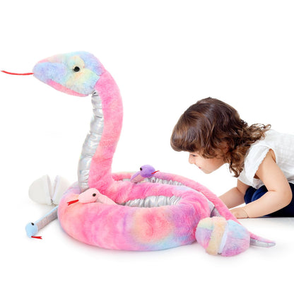 MorisMos Snake Stuffed Animals Plush Toy 120 Inch Giant Snake Plush with Babies Stuffed Snake Toys for Kids Plush Party Decorations Favors Prank Props, 4 Snake Babies, 3 Snake Eggs