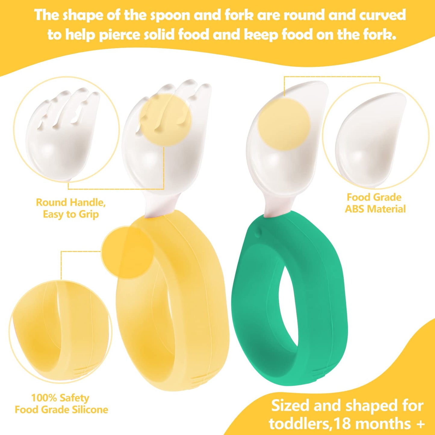 Baby Self Feeding Training Spoon and Fork Set with Travel Case, BPA-Free Cute Circle Toddler Training Utensils, Silicone/ABS Great Tableware Set Spoons Fork for Kids(Yellow)