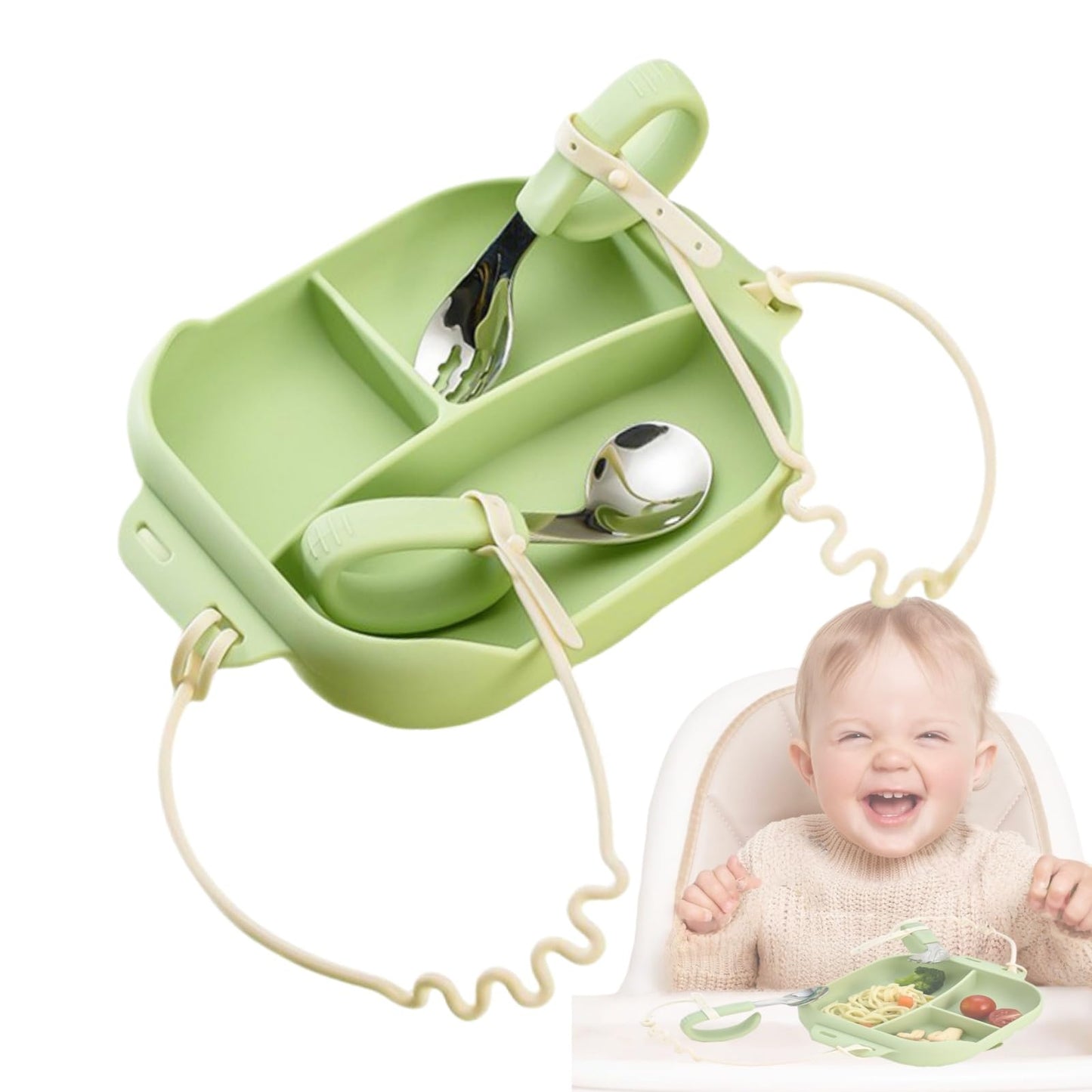 Silicone Tableware for Baby, Silicone Divided Suction Plate for Babies with Built-in Suction Cups, Baby Spoons, Babies Attachable Tethers, Divided Design for Picky Eaters, Baby Led Weaning Supplies