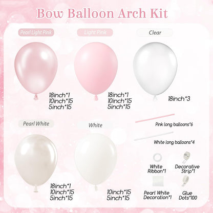 Pink Bow Balloon Arch Kit with Clear Light Pearl Pink and White Balloons for Coquette Bow Themed Bridal Baby Shower Wedding Birthday Party Decorations