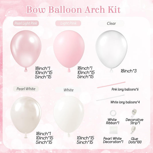 Pink Bow Balloon Arch Kit with Clear Light Pearl Pink and White Balloons for Coquette Bow Themed Bridal Baby Shower Wedding Birthday Party Decorations