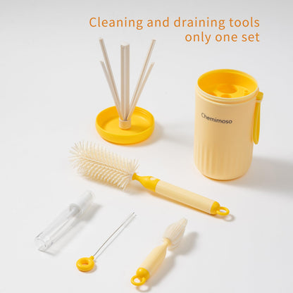 Travel Silicone Baby Bottle Cleaner Brush Set, Foldable Baby Bottle Drying Rack, Essential Cleaning Set for Outdoor Travel, Pink