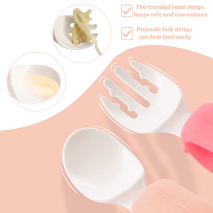 Baby Self Feeding Training Spoon and Fork Set with Travel Case, BPA-Free Cute Circle Toddler Training Utensils, Silicone/ABS Great Tableware Set Spoons Fork for Kids(Yellow)
