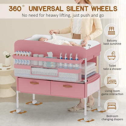 Diaper Changing Station, Portable Changing Table for Baby, Diaper Changing Table with Storage Drawers, Waterproof Baby Changing Station with Wheels and Adjustable Height for Newborn Infant (Pink)