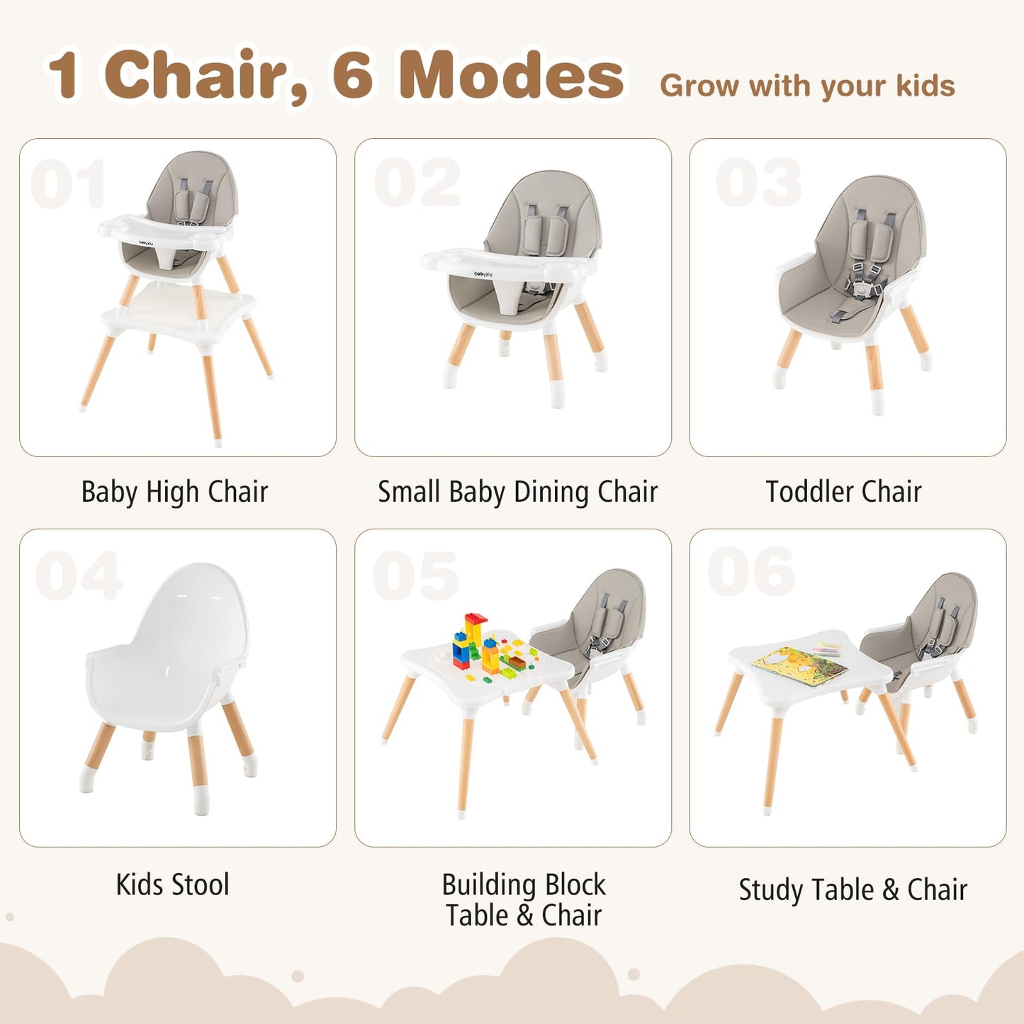 BABY JOY 6 in 1 High Chair, Convertible High Chairs for Babies and Toddlers/Booster Seat/Table and Chair Set, Infant Wooden Highchair w/ 5-Point Harness, 4-Position Removable Tray & PU Cushion, Coffee