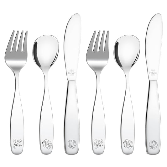 Lehoo Castle Kids Silverware Stainless Steel 6 Piece - Toddler Spoons and Forks Knife Set, Metal Kids Cutlery Set, Toddler Utensils Self Feeding (Dinosaur World)