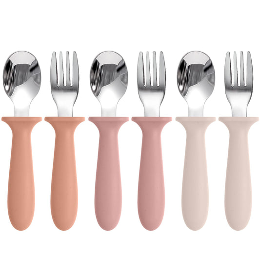 Toddler Utensils, 6 Pack kids Silverware Set with Silicone Handle, 18/8 Stainless Steel Children Safe Forks and Spoons, Dishwasher Safe