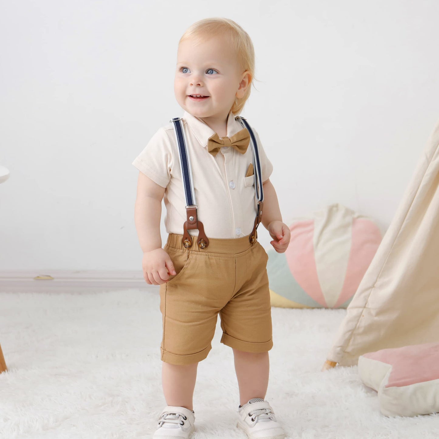 YUEMION Infant Baby Boy Clothes Gentleman Outfits Suits Summer Short Sleeve Bowtie Bodysuit Shirts + Suspender Shorts(0-24M)