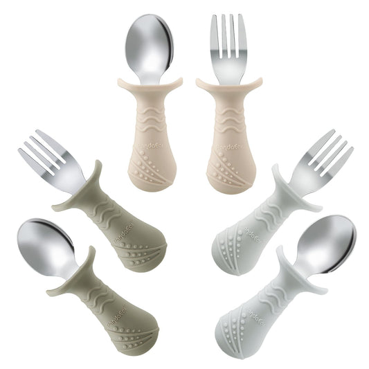 PandaEar Baby Toddler Fork and Spoon Utensil Set, 6 Pack Silicone Stainless Steel Silverware Spoon Fork for Babies Toddler, BPA Free with Silicone Holding Anti-Choke Design (Green Blue Brown)