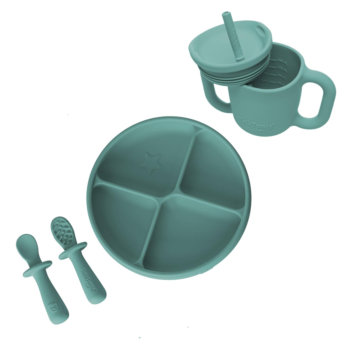 TalkTools ITSY Baby Utensil Set – Silicone Training Cup, Plate and Twin Spoon Pack for Toddlers| Infant First Food Self Feeding Silicone Training Set (Bubblegum)