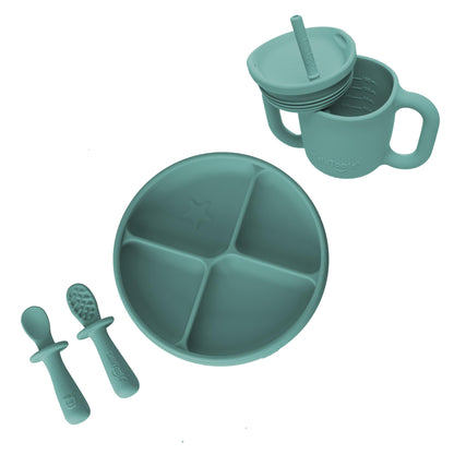 TalkTools ITSY Baby Utensil Set – Silicone Training Cup, Plate and Twin Spoon Pack for Toddlers| Infant First Food Self Feeding Silicone Training Set (Bubblegum)