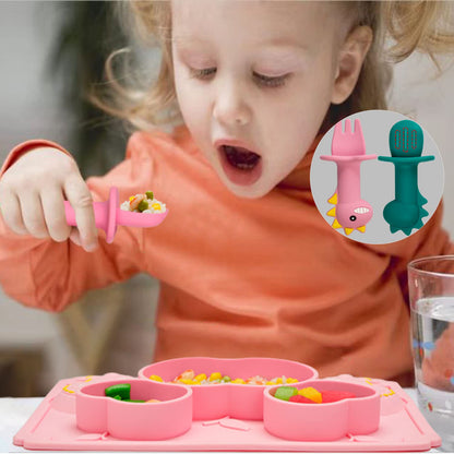 Silicone Suction Plates for Baby Toddler with Spoon Fork set Divided Dinosaurs Plates Self Feeding Training Baby Dinner Plate-Green Dinosaurs Plate Set