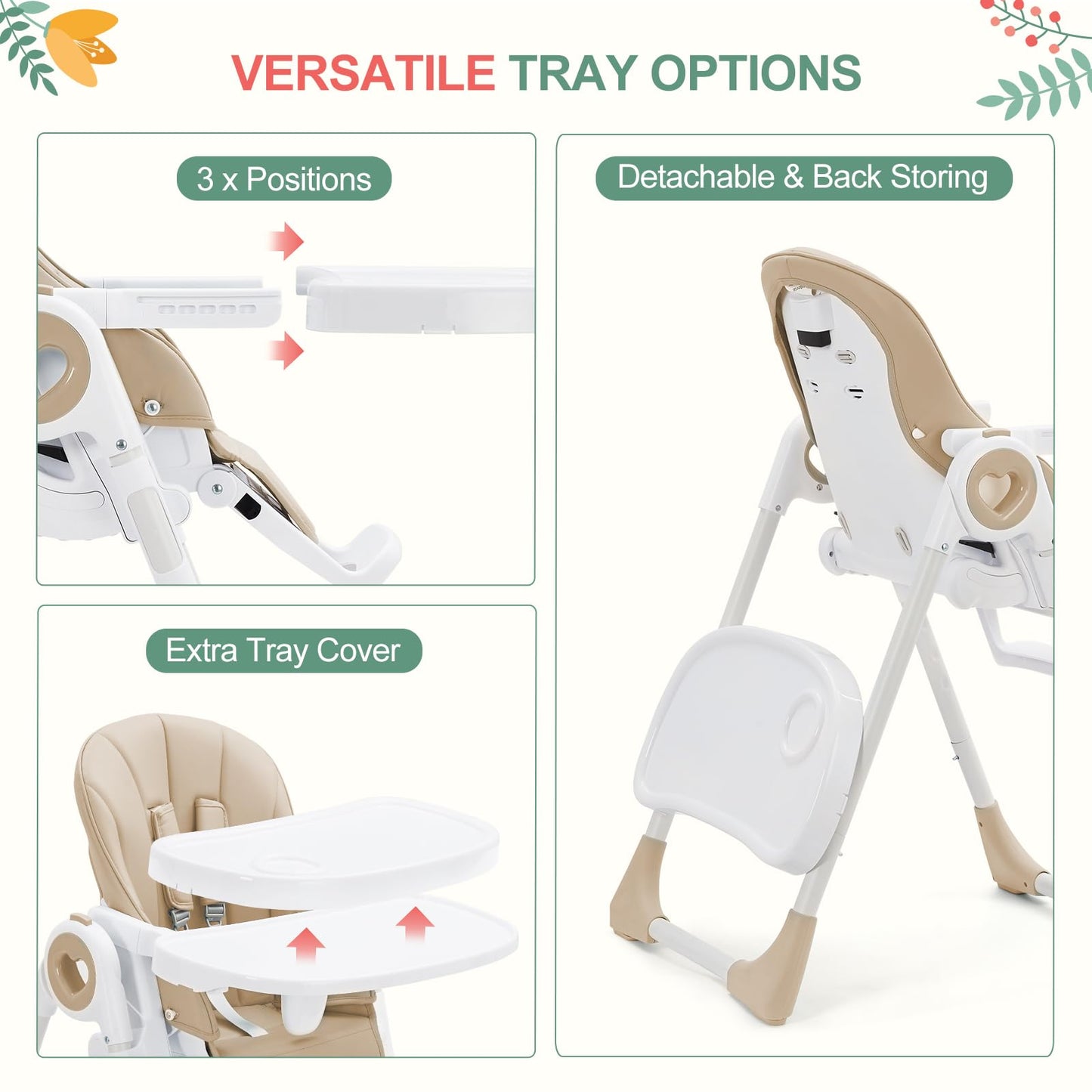 Foldable Baby High Chair with Adjustable Height, 5 Recline Positions & Removable Double Tray - Easy Clean, Space-Saving Infant Highchair for Toddlers, 5-Point Harness & Compact Design