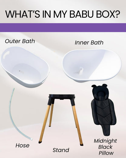 Luxury Standing Baby Bathtub, 3-Stage Convertible with Wooden Stand, Ergonomic Design, No Tray