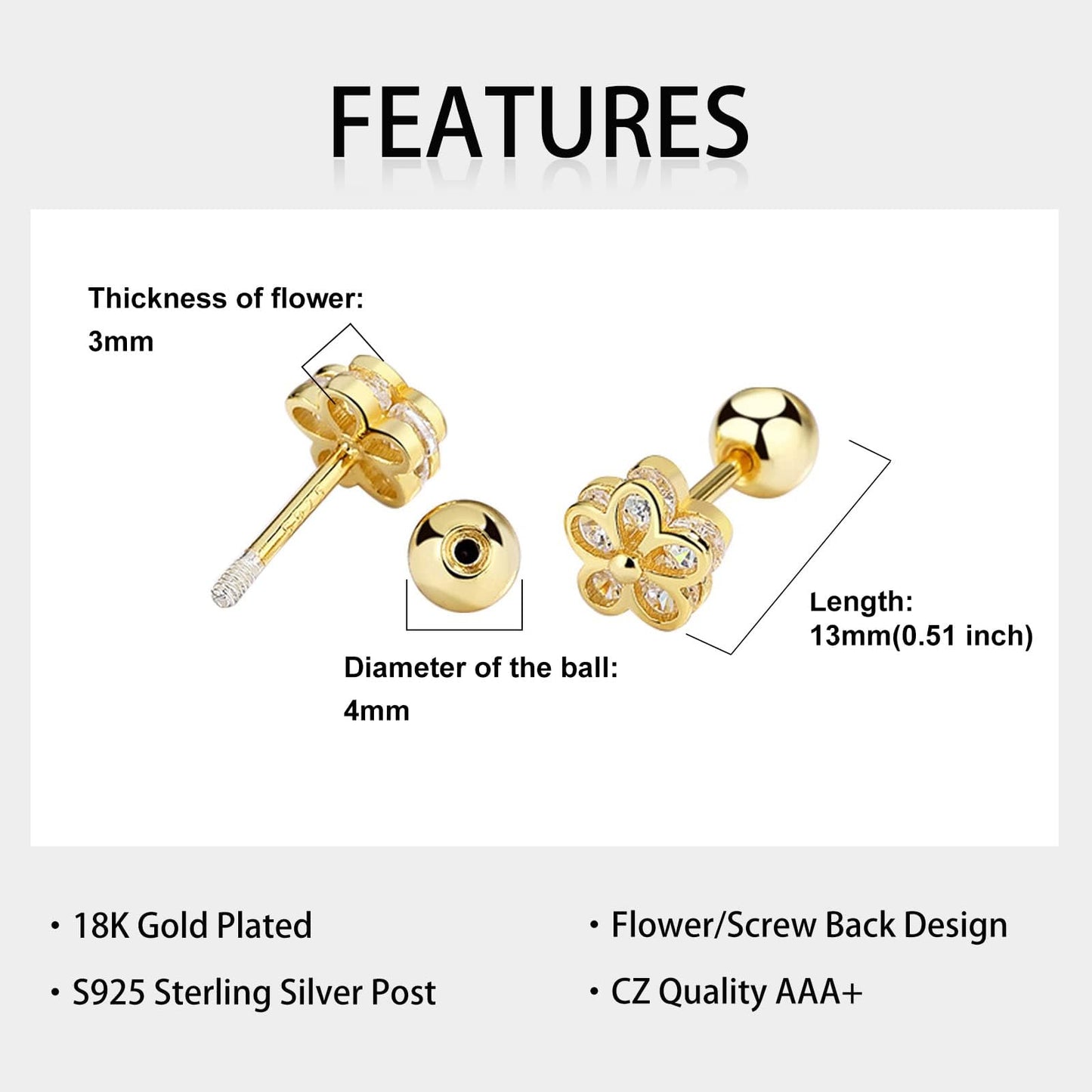 18K Gold Plated Sterling Silver Cubic Zirconia Screw Back Small Trendy Dainty Cute Flower Stud Earrings for Women with Jewelry Rose Box