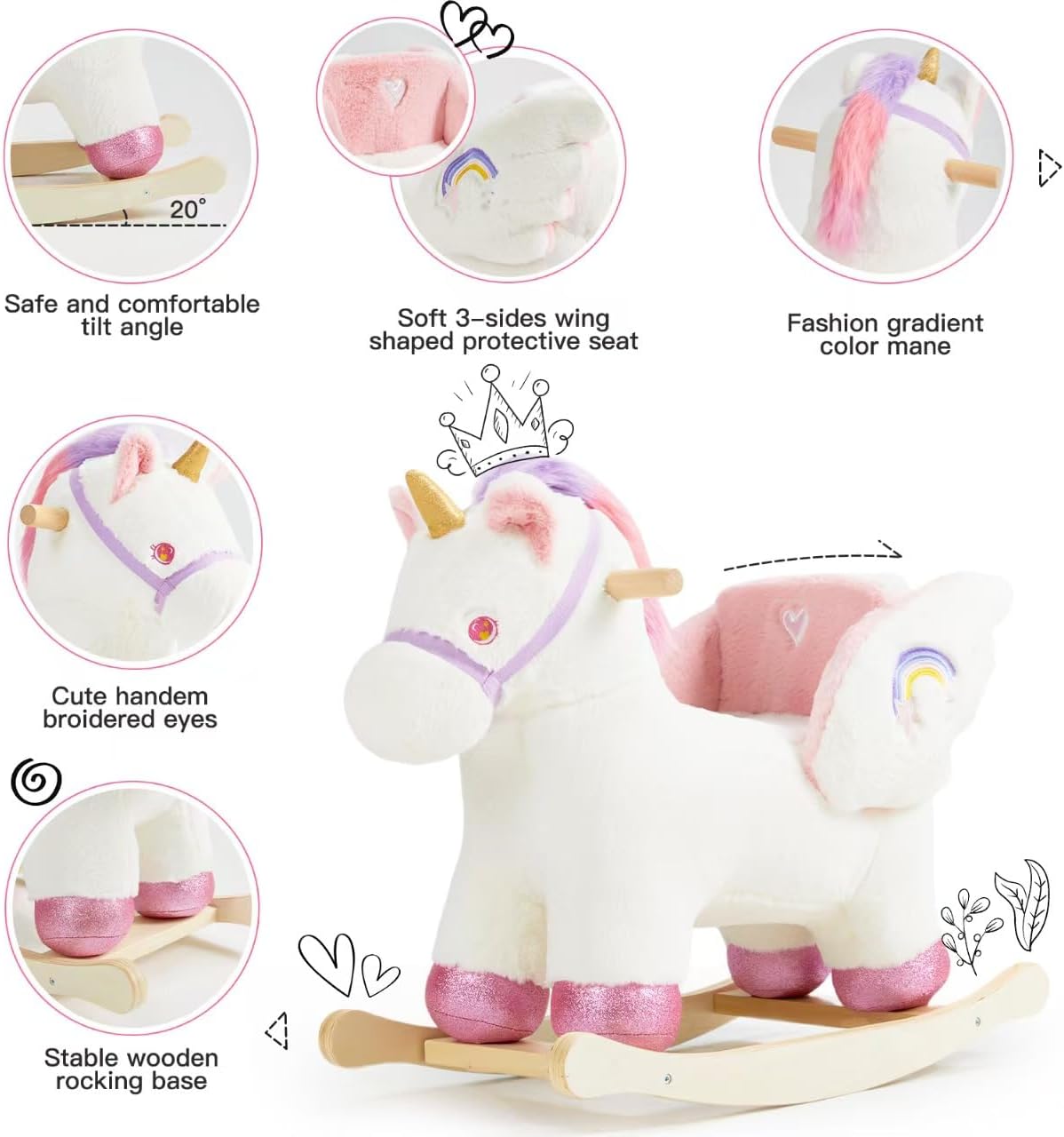 Baby Rocking Horse,Unicorn Wooden Rocking Horse for Toddlers 1 Year Old Cute Pink Stuffed Plush Ride-on Rocking Animal for Baby Girls Nursery/Child Christmas or Birthday Gift