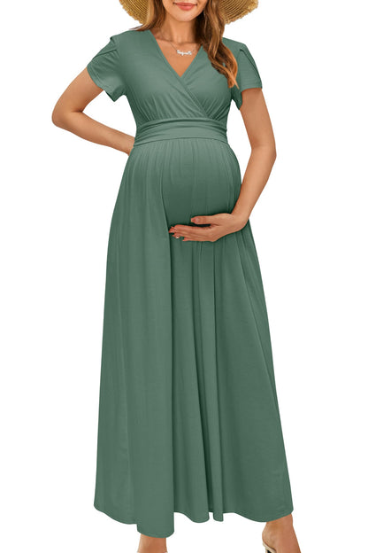 OUGES Maternity Maxi Dress Wrap V Neck Baby Shower Pregnancy Dresses for Photoshoot