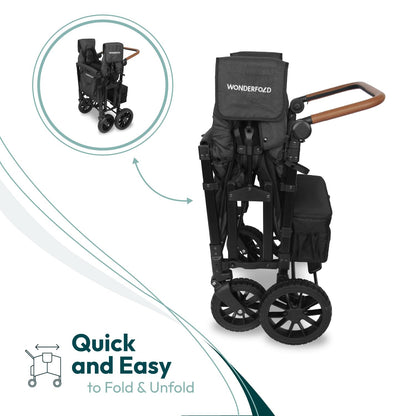 WONDERFOLD W4 Luxe Quad Stroller Wagon Featuring 4 High Face-to-Face Seats with Magnetic Buckle 5-Point Harnesses and Adjustable/Removable UV-Protection Canopy, Hunter Green