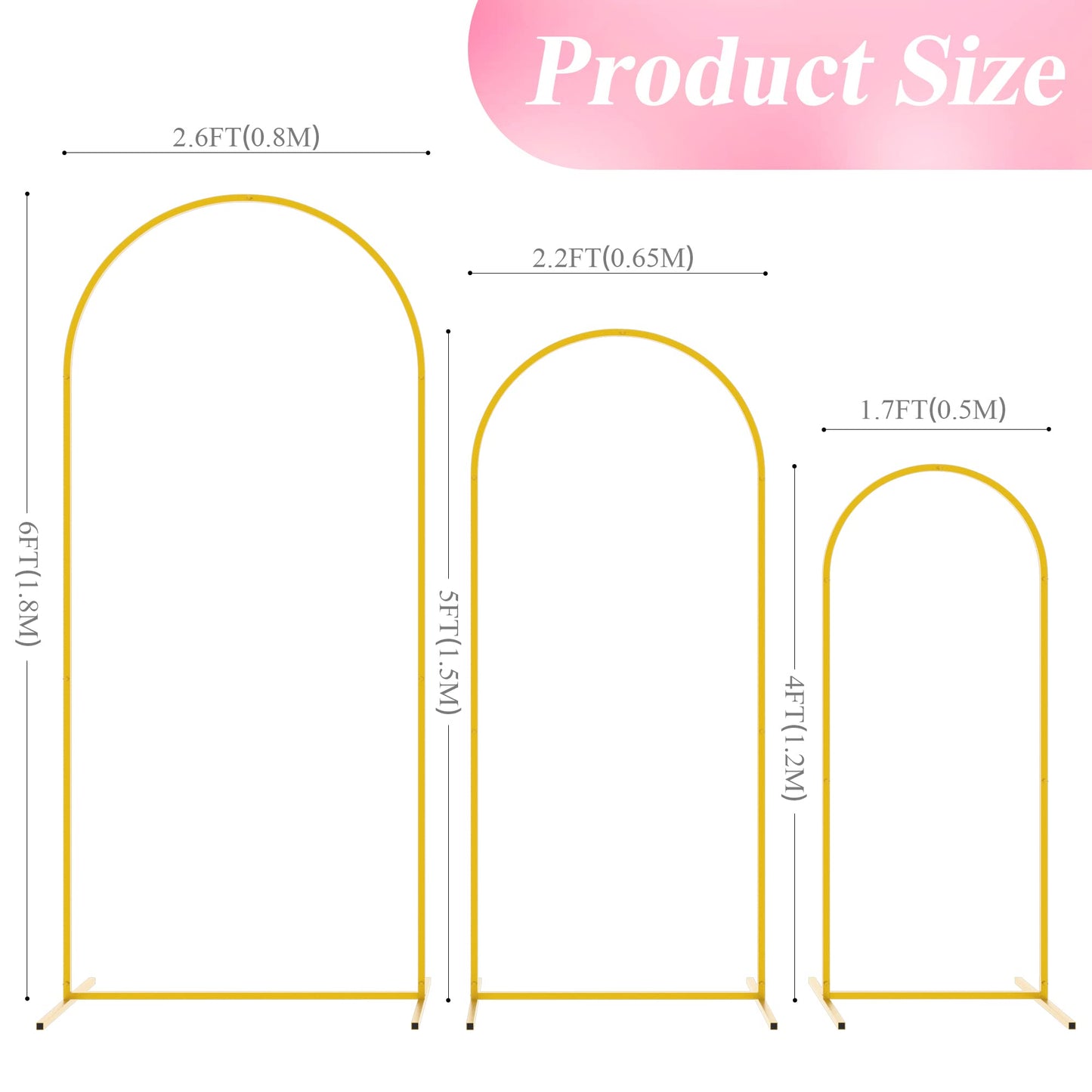 Wokceer Wedding Arch Backdrop Stand 6FT, 5FT, 4FT Set of 3 Gold Metal Arch Stand for Wedding Ceremony Baby Shower Birthday Party Decor