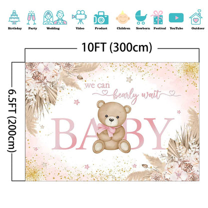 Mocsicka Girl Bear Backdrop Pink Boho Pampas Grass Background We Can Bearly Wait Baby Shower Party Cake Table Decoration Photo Booth Props (7x5ft)