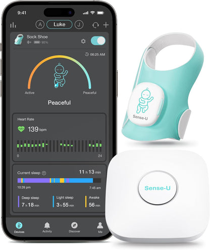 Sense-U Smart Sock Shoe (Long Range) Baby Monitor with On-Device Sleep Indicator & Notifications, Track Heart Rate, Movement, Sleep Patterns, Naps from Anywhere for Peace of Mind, FSA/HSA Eligible