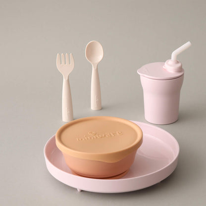 Miniware Little Foodie Set with Cereal Bowl, Sandwich Plate, My First Cutlery Set, 1-2-3 Sip Cup, and Detachable Suction Foot for Baby Toddler Kids (Little Camper)
