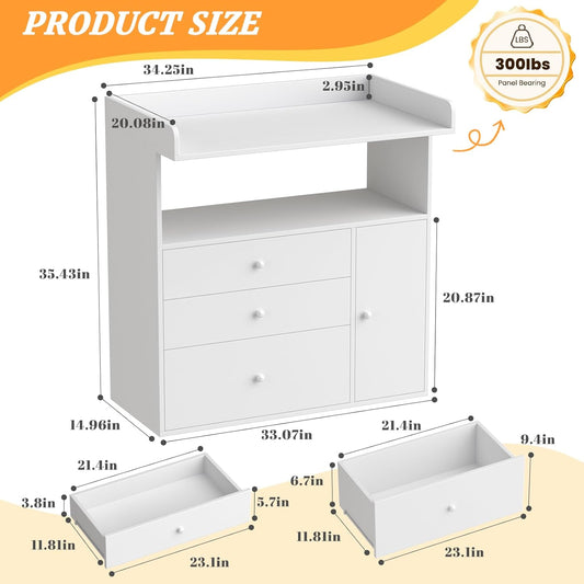 Baby Changing Table Dresser with Wide Tabletop, 3 Drawers & 1 Cabinet, 1 Storage Cubbies，Baby Dresser with Changing Table Top, Perfect for Baby Bedrooms & Nurseries