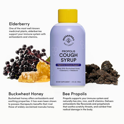 Beekeeper's Naturals Propolis Honey Cough Syrup Daytime for Kids Immune Support with Elderberry, Vitamin C, Vitamin D & Raw Honey - Throat Soothing - Gluten Free & Clean Ingredients, 4 oz.