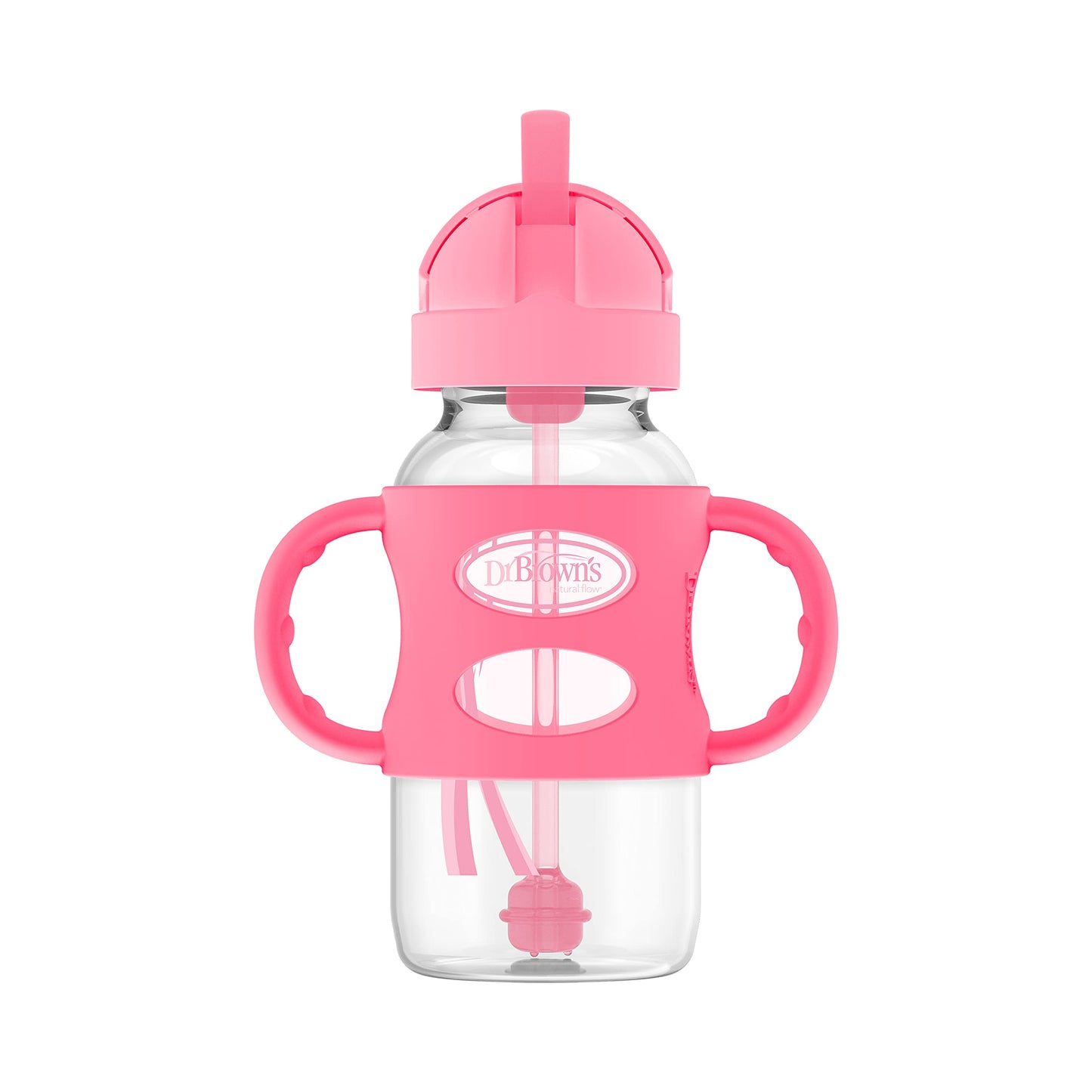 Dr. Brown's Milestones Wide-Neck Sippy Straw Bottle with 100% Silicone Handles and Weighted Straw, 9 oz/270 mL, Gray & Pink, 6m+, 2 Count (Pack of 1)