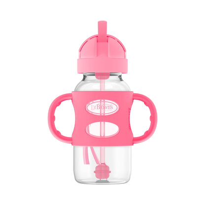 Dr. Brown's Milestones Wide-Neck Sippy Straw Bottle with 100% Silicone Handles and Weighted Straw, 9 oz/270 mL, Gray & Pink, 6m+, 2 Count (Pack of 1)