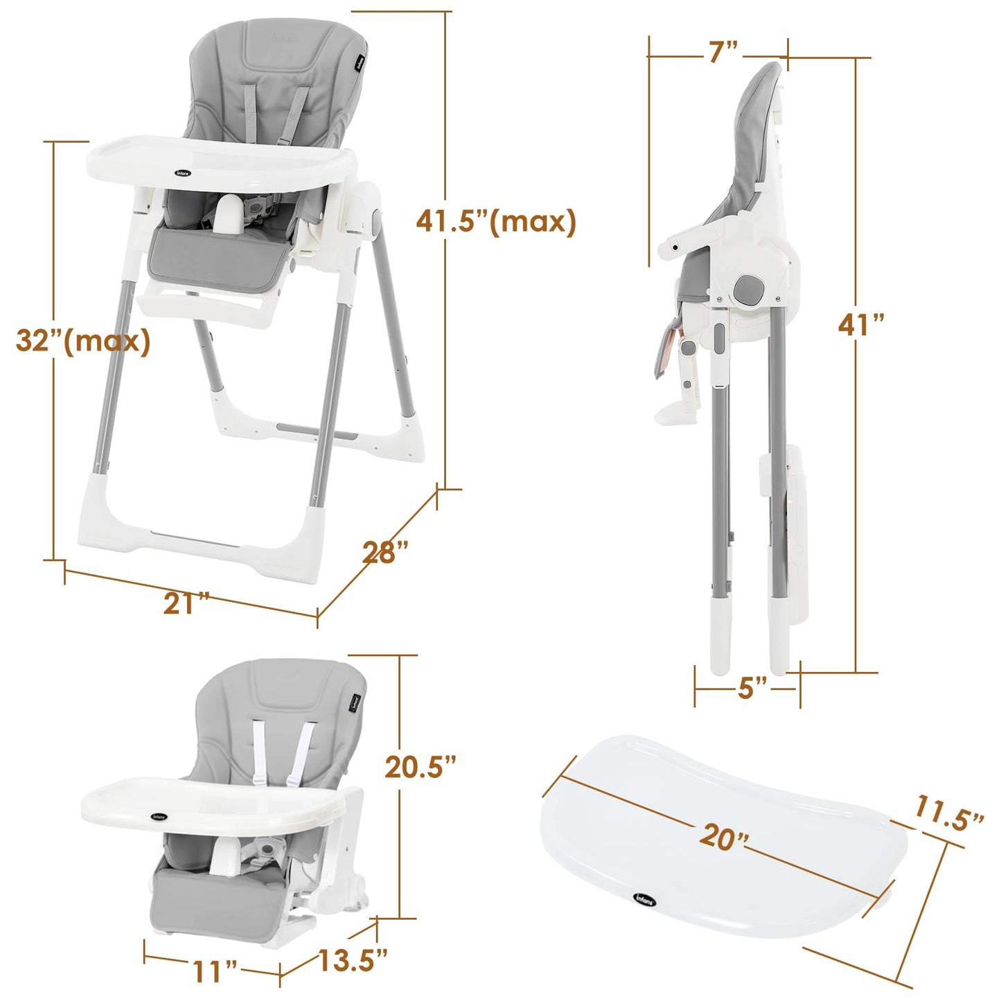INFANS High Chair for Babies & Toddlers, Foldable Highchair with Multiple Adjustable Backrest, Footrest and Seat Height, Removable Tray, Detachable PU Leather Cushion, Built-in Rear Wheels (Black)