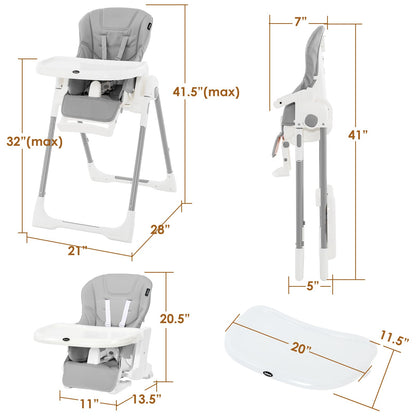 INFANS High Chair for Babies & Toddlers, Foldable Highchair with Multiple Adjustable Backrest, Footrest and Seat Height, Removable Tray, Detachable PU Leather Cushion, Built-in Rear Wheels (Black)