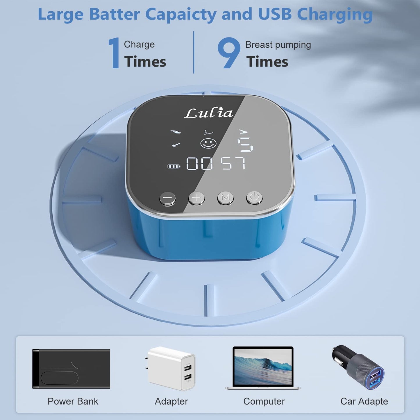 Lulia Double Electric Breast Pump Strong Suction, Portable Breast Pump Electric Breastfeeding Pump, Rechargeable Milk Pump with 4 Modes & 9 Levels, Low Noise, Anti-Backflow & LED Display, 24mm Flange