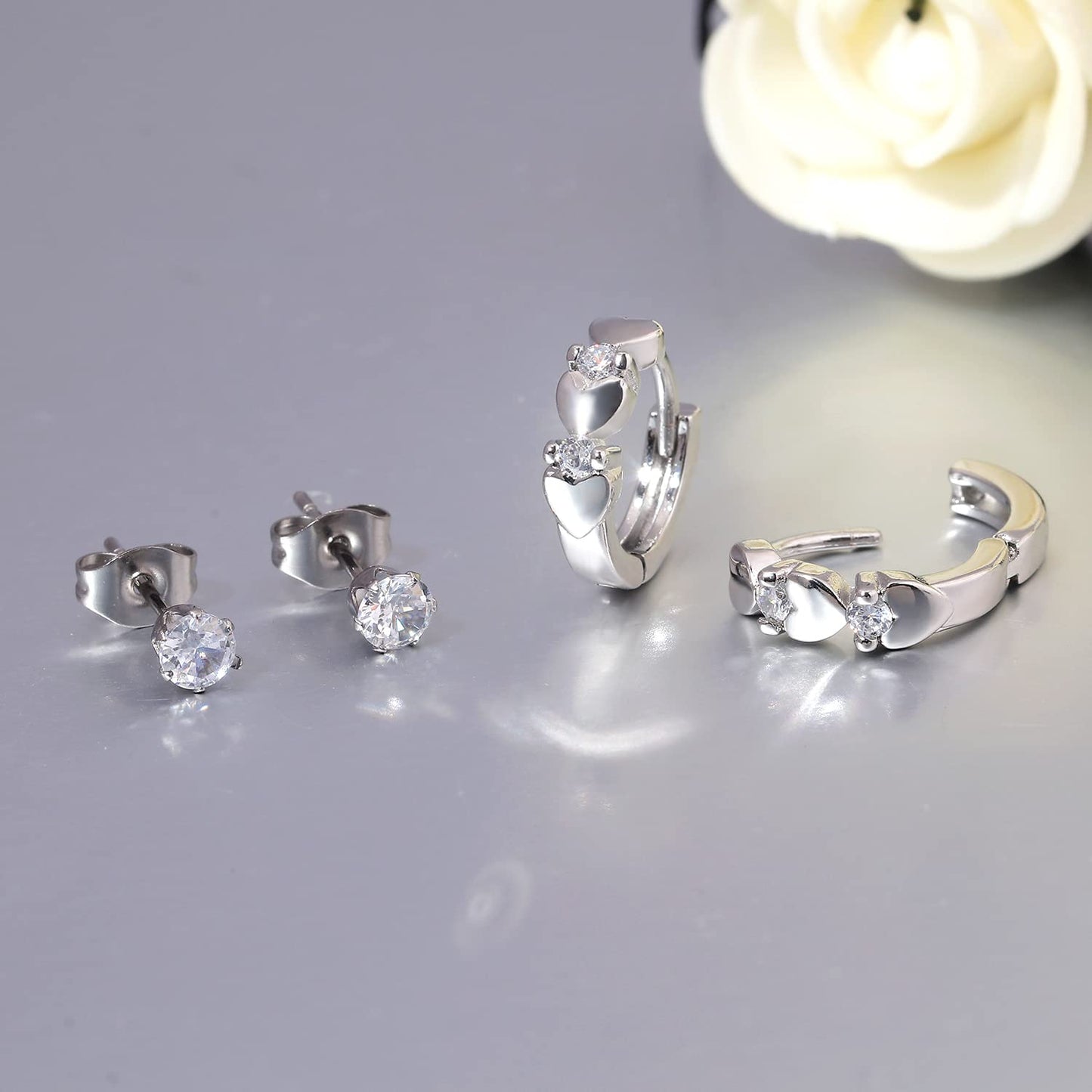 CiNily 14K White Gold Plated Small Hoop Earrings for Women Girls Heart Cubic Zirconia Hypoallergenic Earrings