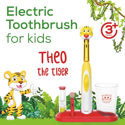 Beurer TB10 Kids Electric Toothbrush Kit - Fun Milo The Monkey Cap with 2 Extra-Soft Brush Heads to Help Remove Plaque, 2 Minute Timer, and Rinse Cup, BPA-Free, Safe for Ages 3+