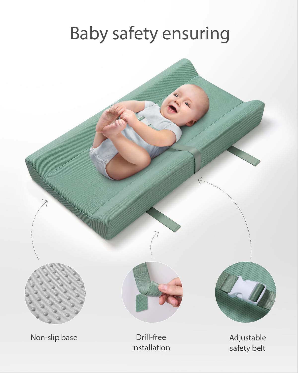 Blissful Diary Baby Changing Pad with Waterproof Lining Foam, Includes a Soft & Washable Cover, Contoured Changing Table Pads for Dresser Top with Non-Slip Bottom, 32”×16” (Grey, Avocado)