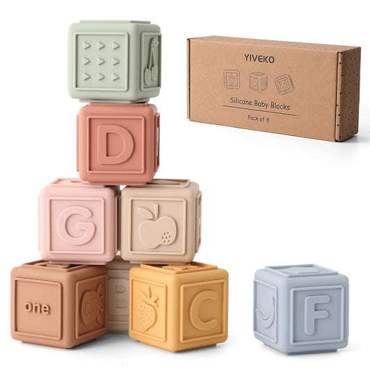 Baby Blocks Stacking for Babies Silicone Soft Building Blocks Teethers Montessori Toys for Babies Education Toys for Toddler Baby 8 PCS-Gentle