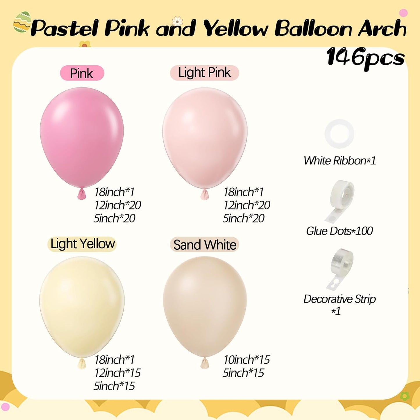 146pcs Pink and Yellow Balloon Garland Arch Kit, Pastel Pink Light Pink Pastel Yellow Sand White Latex Balloons for Cartoon Bear Themed Birthday Wedding Baby Shower Party Decorations