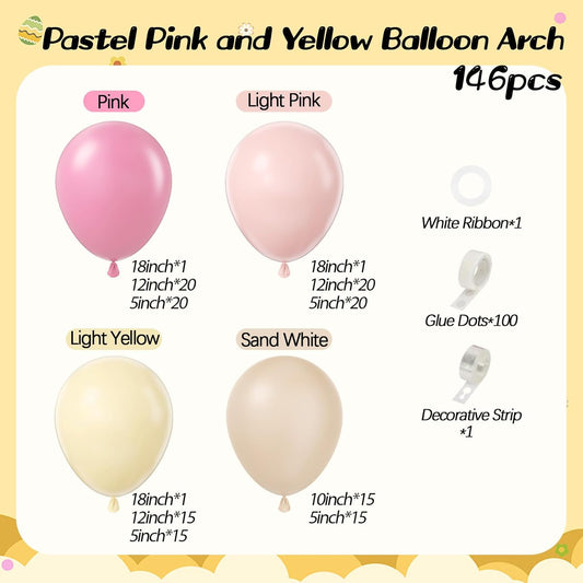 146pcs Pink and Yellow Balloon Garland Arch Kit, Pastel Pink Light Pink Pastel Yellow Sand White Latex Balloons for Cartoon Bear Themed Birthday Wedding Baby Shower Party Decorations