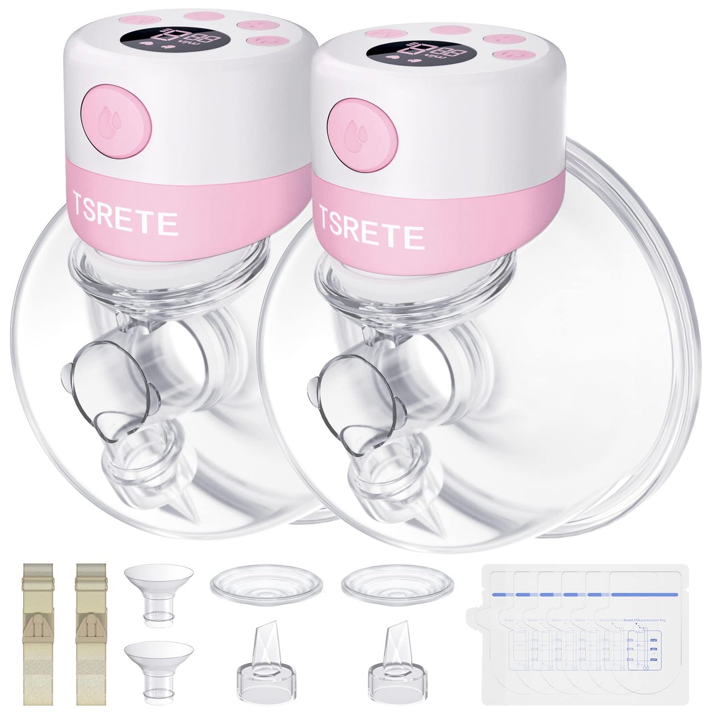 TSRETE Double Wearable Breast Pump, Electric Hands-Free Breast Pumps with 2 Modes, 9 Levels, LCD Display, Memory Function Rechargeable Milk Extractor-24mm Flange, Pink