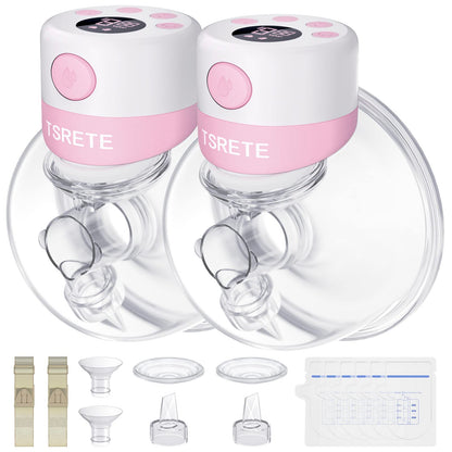 TSRETE Double Wearable Breast Pump, Electric Hands-Free Breast Pumps with 2 Modes, 9 Levels, LCD Display, Memory Function Rechargeable Milk Extractor-24mm Flange, Pink