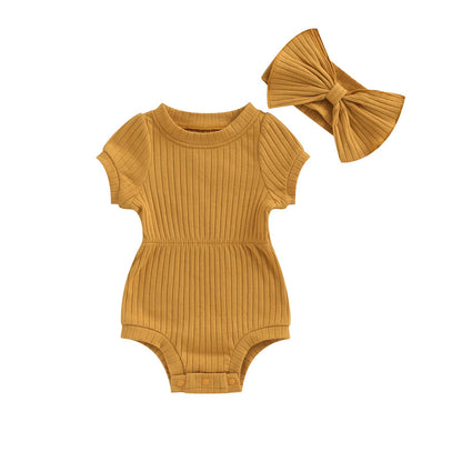 Baby Girl Summer Clothes Ribbed Short Sleeve Romper Solid Color Bodysuits Bow Headband Outfit Newborn Girl Jumpsuit