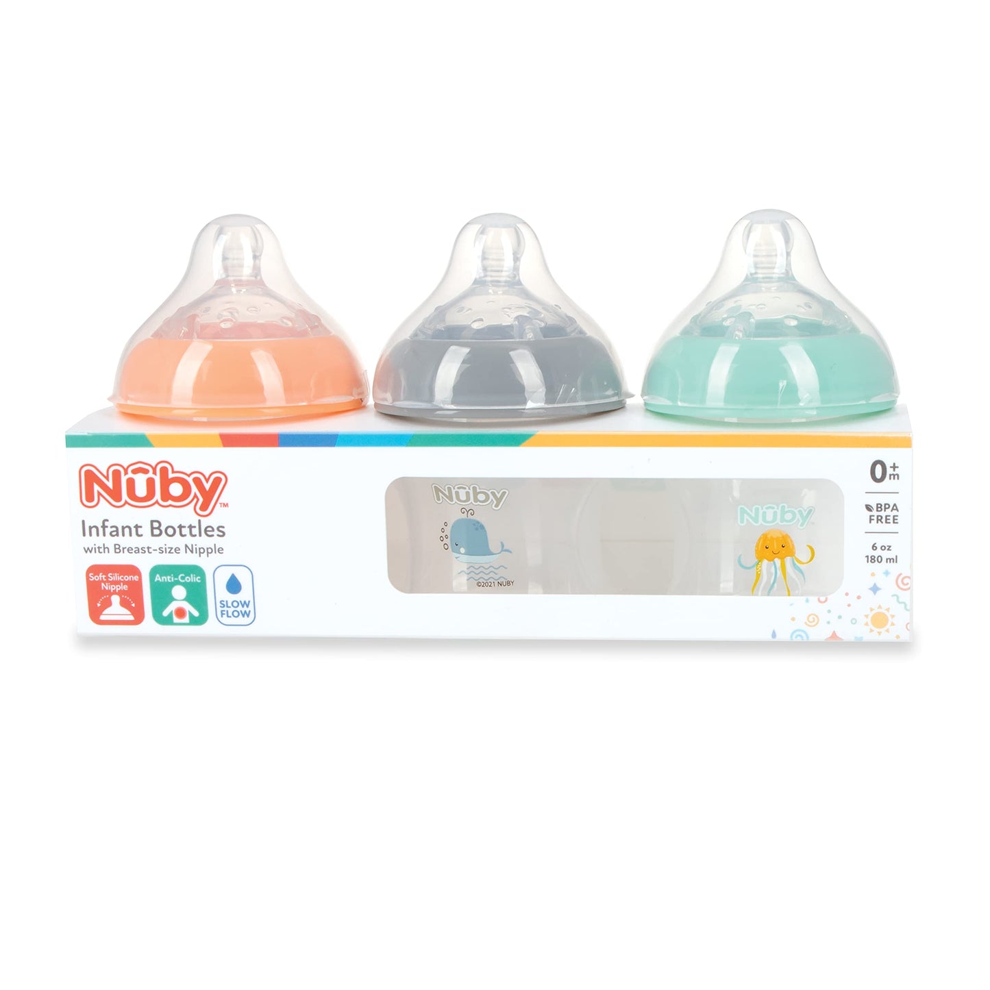 Nuby 3-Pack Infant Feeding Bottles with Slow Flow Breast Size Silicone Nipple: 0+ Months, 6oz, 3 Pack Set: Delicate Star, Rainbow, Butterfly Prints